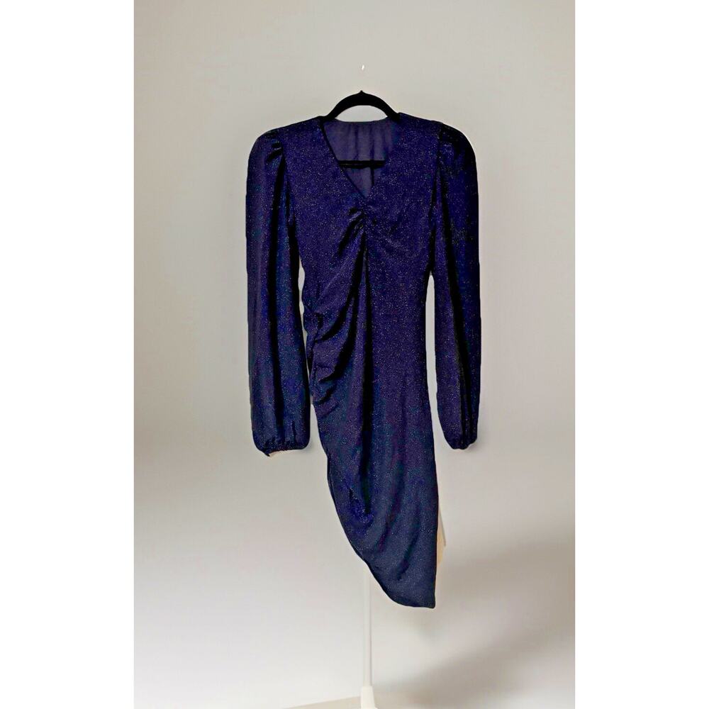 Halara S Dress Asymmetric Glitter Blue Black Long Sleeve Bodycon Ruched NWOT